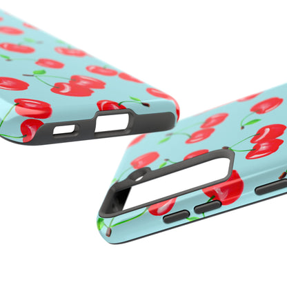 Tossed Red Watercolor Cherries Illustrated Pattern Bright Blue Tough Phone Case | Various Models