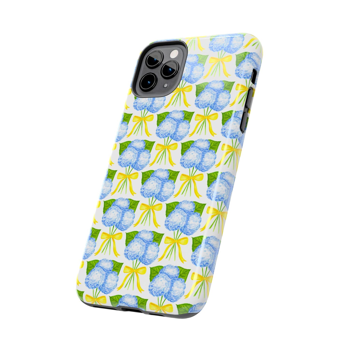 Blue Hydrangea Bouquets with Yellow Bow Ribbon Watercolor Illustrated Patterned Tough Phone Case | Various Models