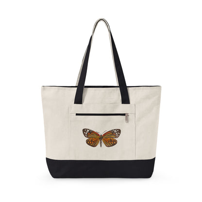 Orange & Black Watercolor Butterfly Printed Zippered Canvas Tote 18" x 14" | Various Colors 18" x 14" x 4.5" Natural Black