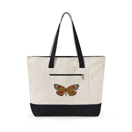 Orange & Black Watercolor Butterfly Printed Zippered Canvas Tote 18" x 14" | Various Colors 18" x 14" x 4.5" Natural Black