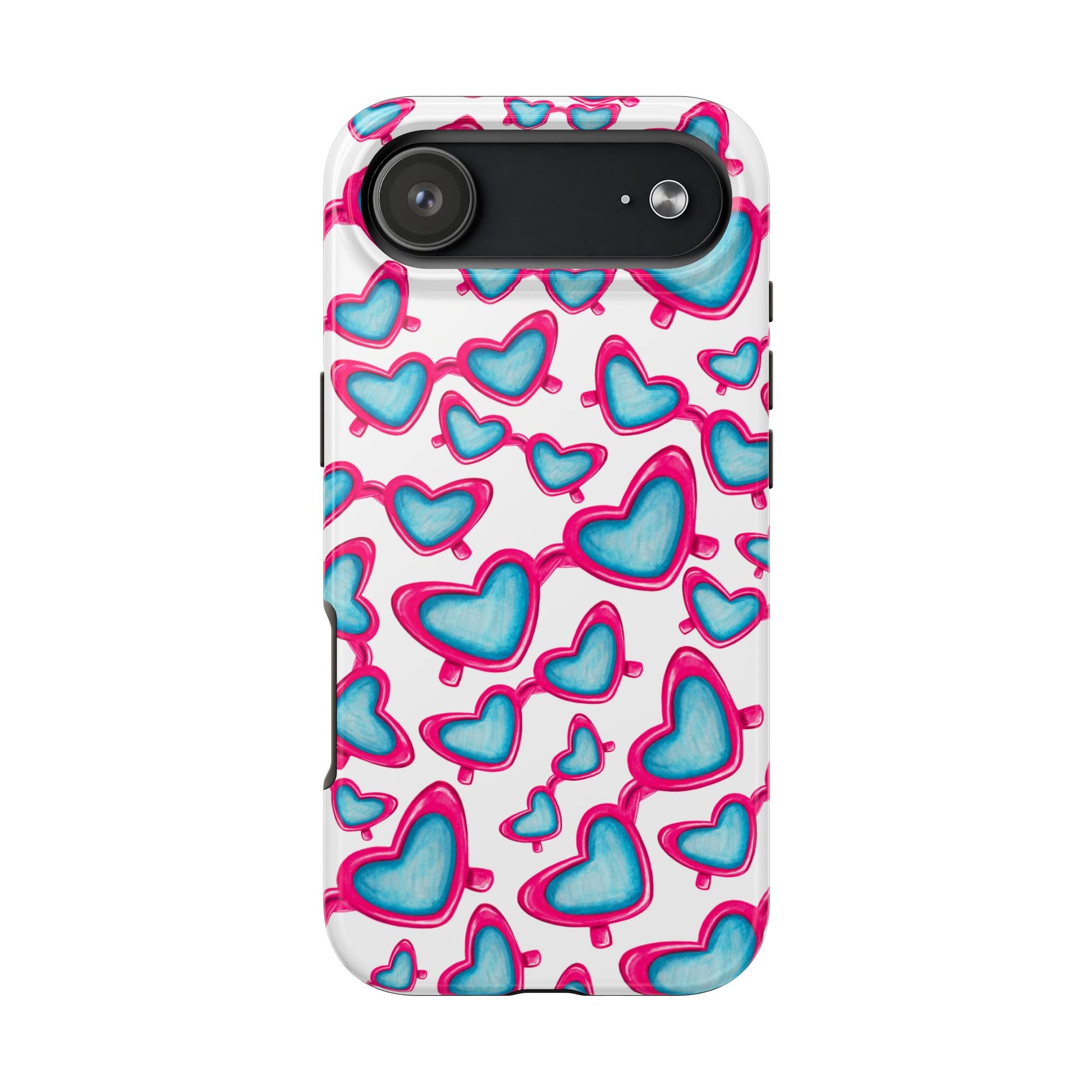 Pink & Blue Heart Shaped Sunglasses Watercolor Illustrated Tossed Pattern Tough Case | Various Models iPhone 17 Air