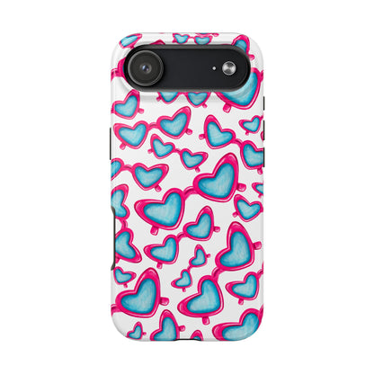 Pink & Blue Heart Shaped Sunglasses Watercolor Illustrated Tossed Pattern Tough Case | Various Models iPhone 17 Air