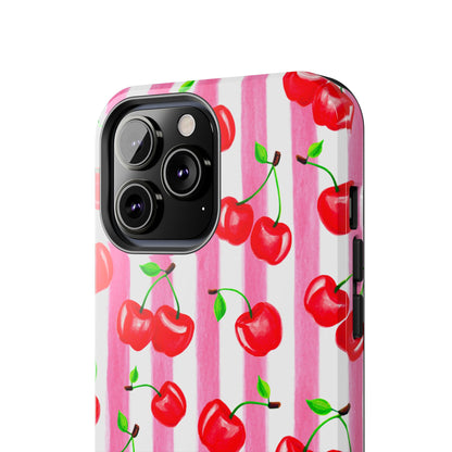 Tossed Red Watercolor Cherries Illustrated Pattern Light Pink Stripes Tough Phone Case | Various Models