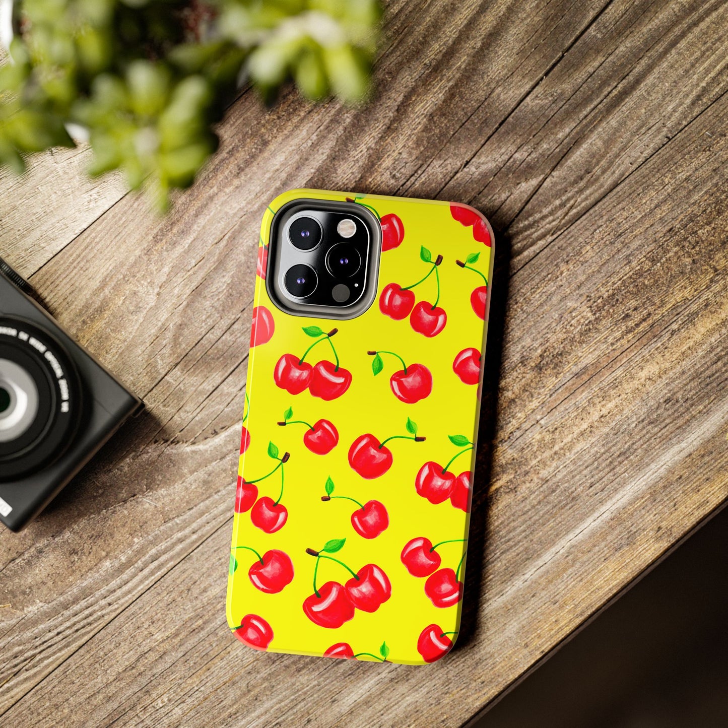 Tossed Red Watercolor Cherries Illustrated Pattern Bright Yellow Tough Phone Case | Various Models