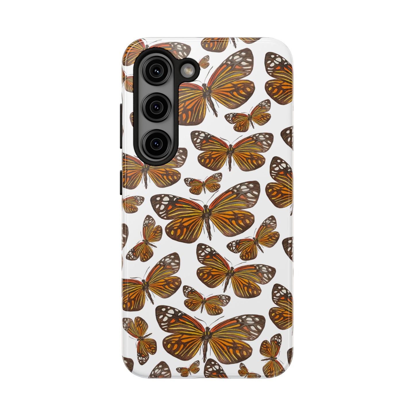 Black & Orange Butterfly Watercolor Illustrated Tossed Pattern Tough Phone Case | Various Models Samsung Galaxy S23