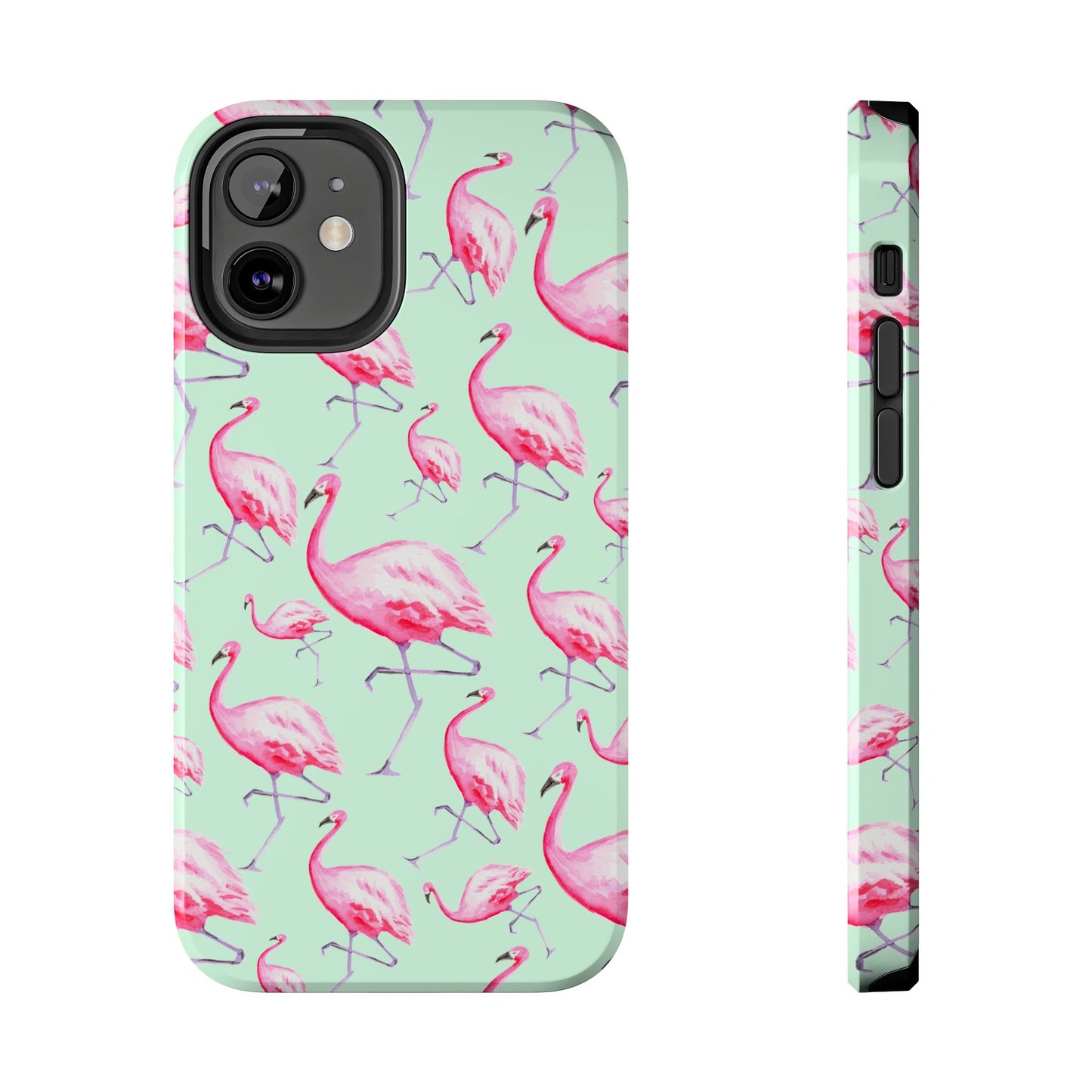 Pink Flamingos Watercolor Illustrated Tossed Pattern Green Phone Case | Various Models iPhone 12 Mini
