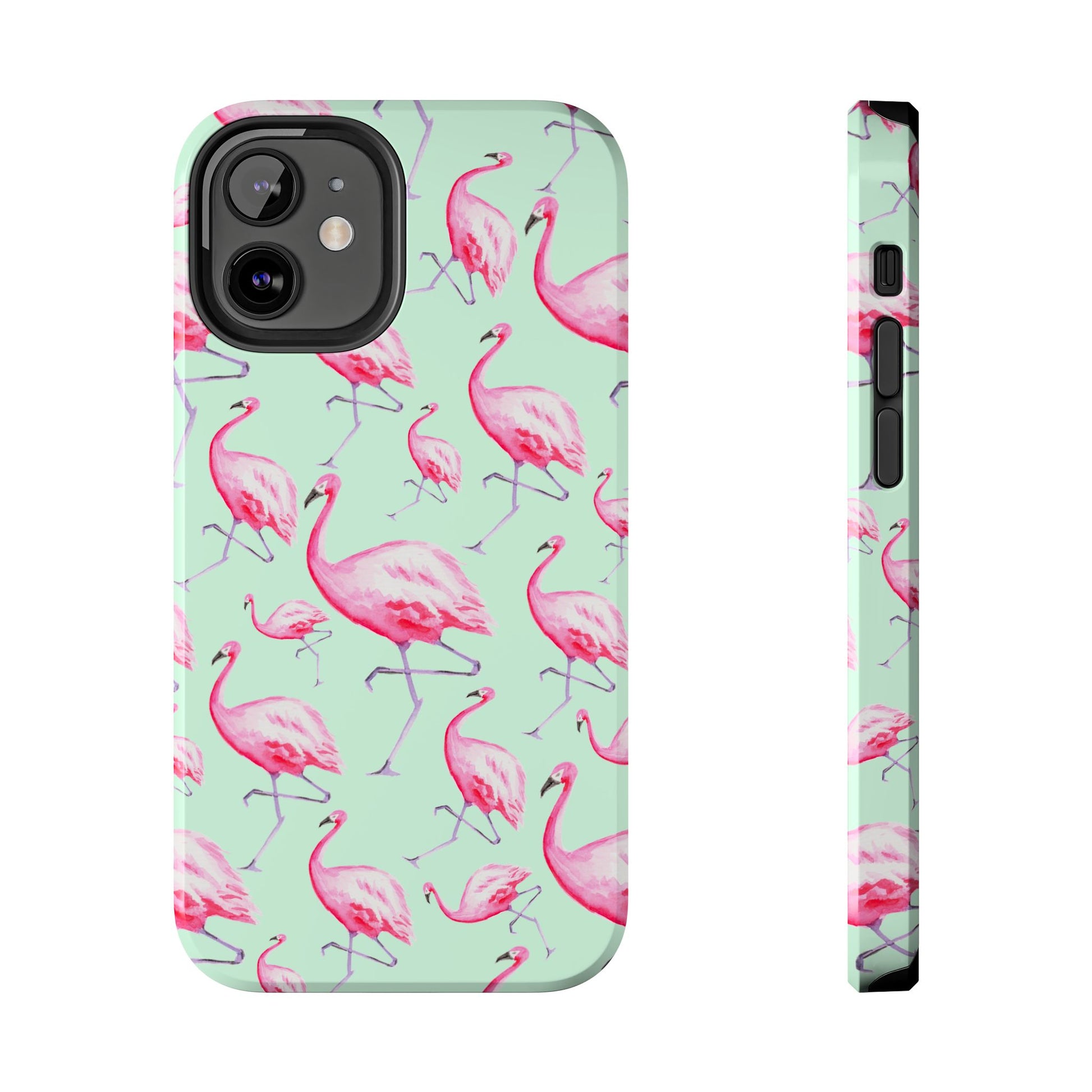 Pink Flamingos Watercolor Illustrated Tossed Pattern Green Phone Case | Various Models iPhone 12 Mini