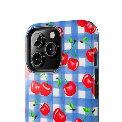Tossed Red Watercolor Illustrated Cherries Light Blue Gingham Tough Phone Case | Various Models