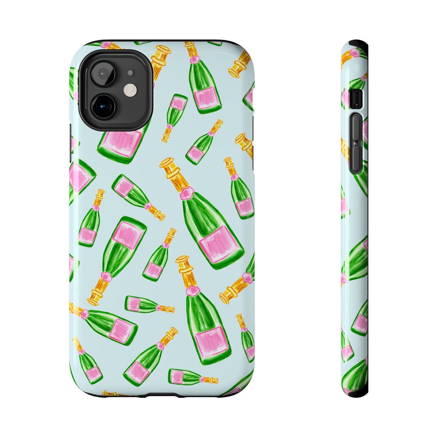 Tossed Pink and Green Watercolor Illustrated Champagne Bottles Pattern Light Blue Tough Phone Case | Various Models