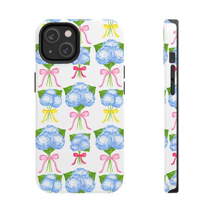 Blue Hydrangeas with Hot Pink, Yellow, Light Pink Bows Watercolor Illustrated Patterned Tough Phone Case | Various Models