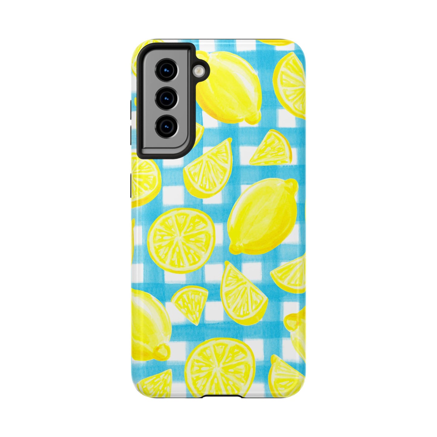 Yellow Lemons & Turquoise Gingham Watercolor Illustrated Tough Phone Case | Various Models Available