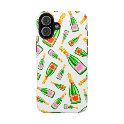 Tossed Pink and Green & Orange and Green Watercolor Illustrated Champagne Bottles Pattern Tough Phone Case | Various Models