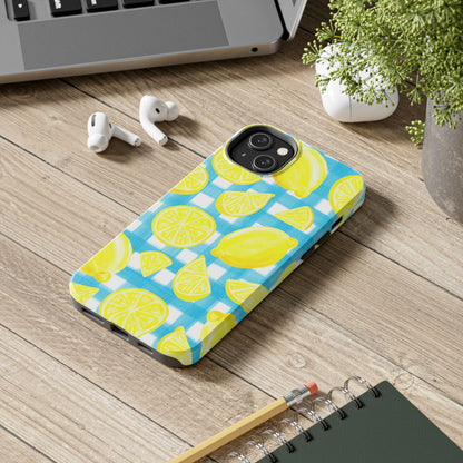 Yellow Lemons & Turquoise Gingham Watercolor Illustrated Tough Phone Case | Various Models Available