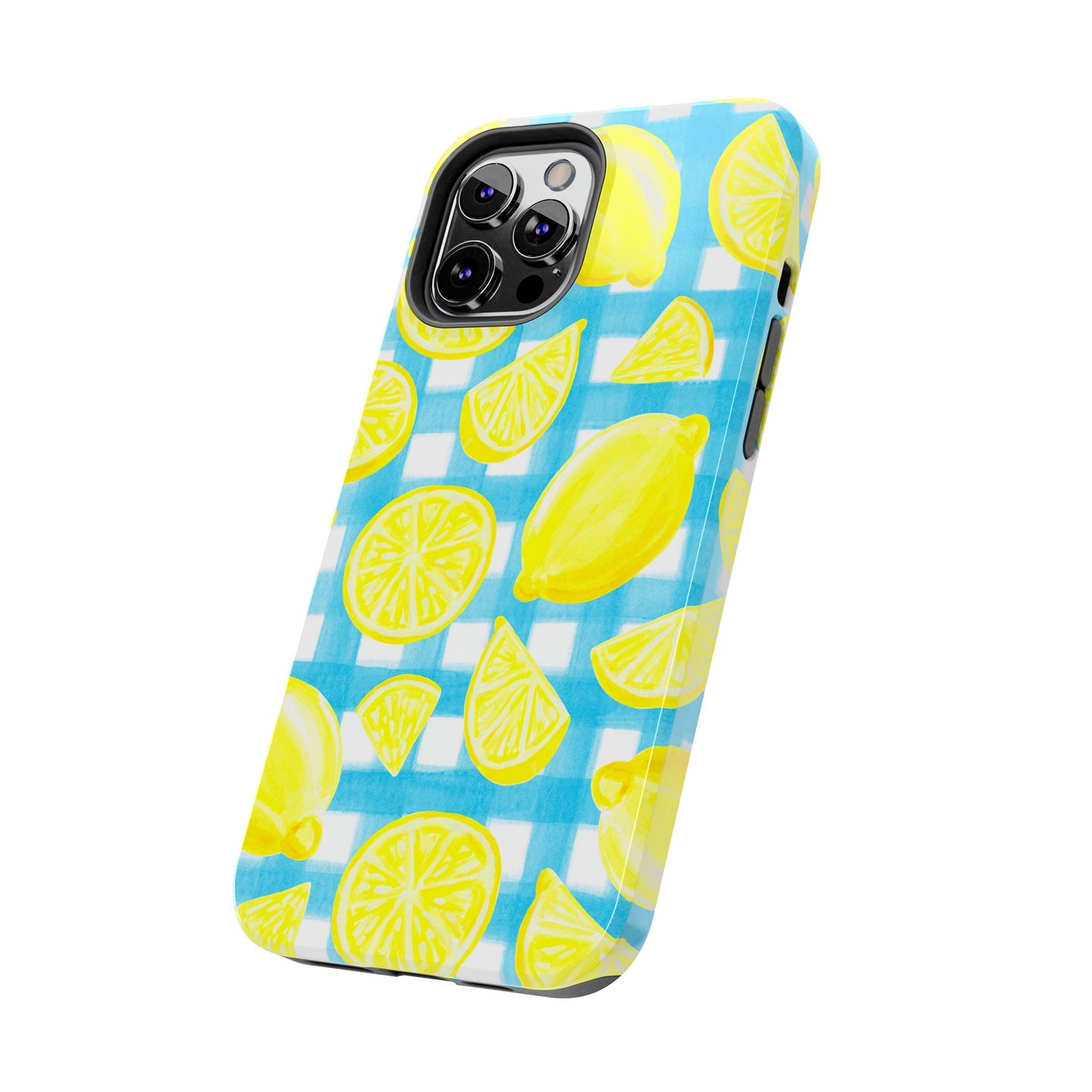 Yellow Lemons & Turquoise Gingham Watercolor Illustrated Tough Phone Case | Various Models Available