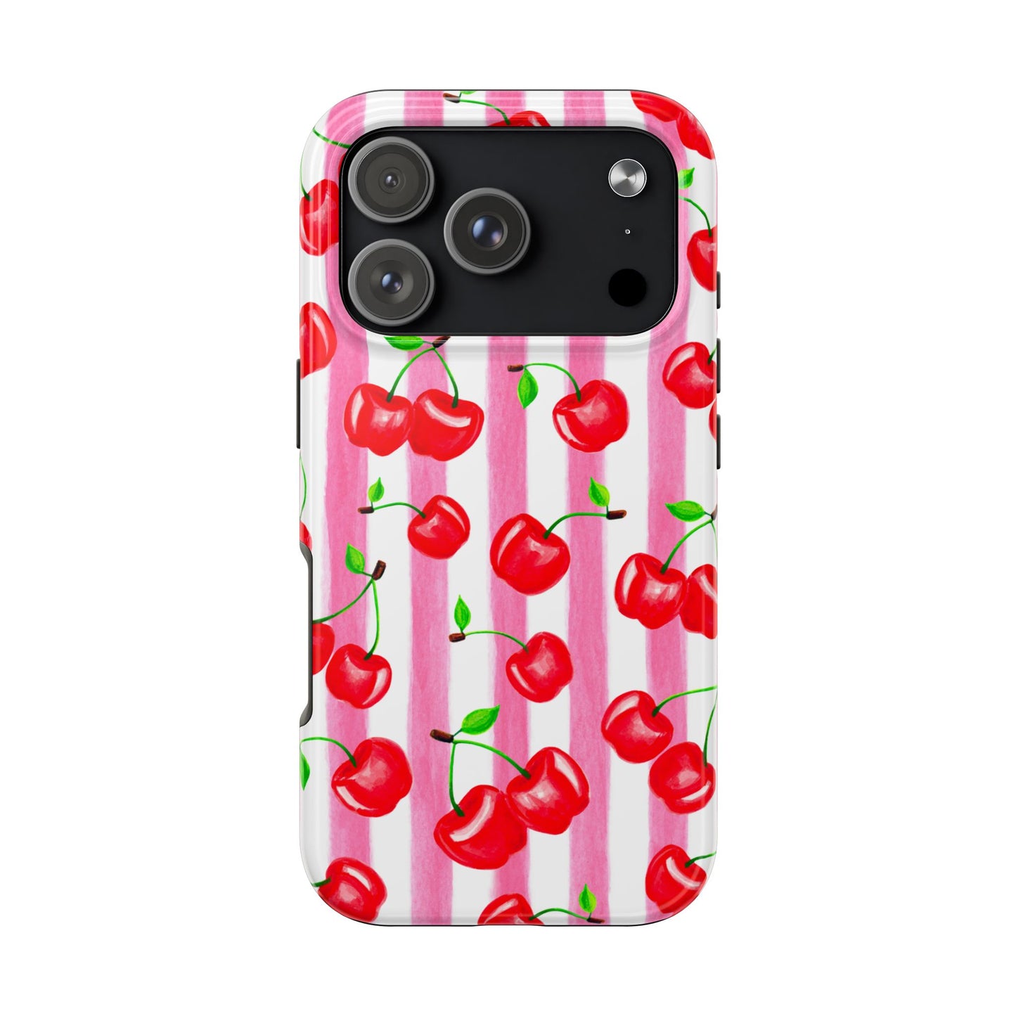 Tossed Red Watercolor Cherries Illustrated Pattern Light Pink Stripes Tough Phone Case | Various Models