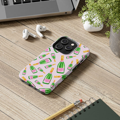 Tossed Pink and Green Watercolor Illustrated Champagne Bottles Pattern Blush Pink Tough Phone Case | Various Models