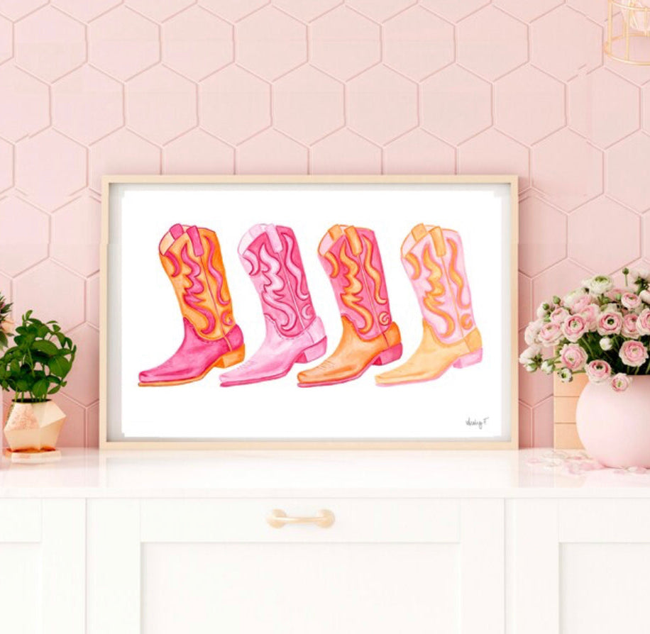 Print | Watercolor Row of Hot Pink & Orange Cowboy Boots