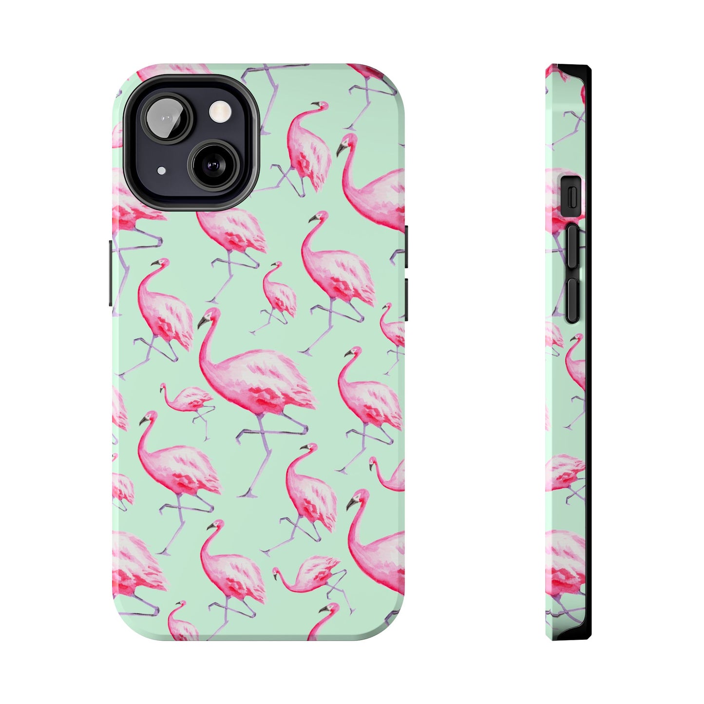 Pink Flamingos Watercolor Illustrated Tossed Pattern Green Phone Case | Various Models iPhone 13
