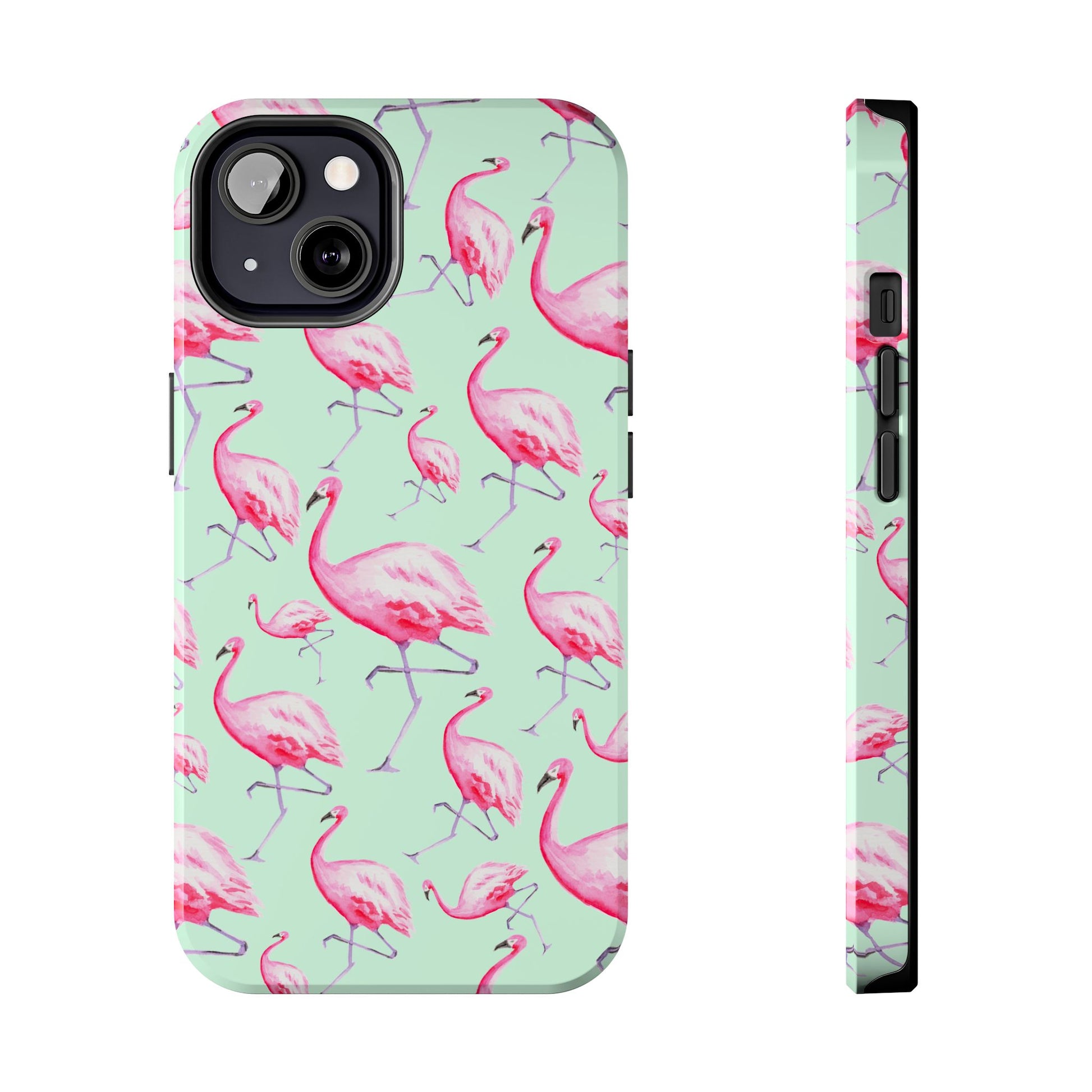Pink Flamingos Watercolor Illustrated Tossed Pattern Green Phone Case | Various Models iPhone 13