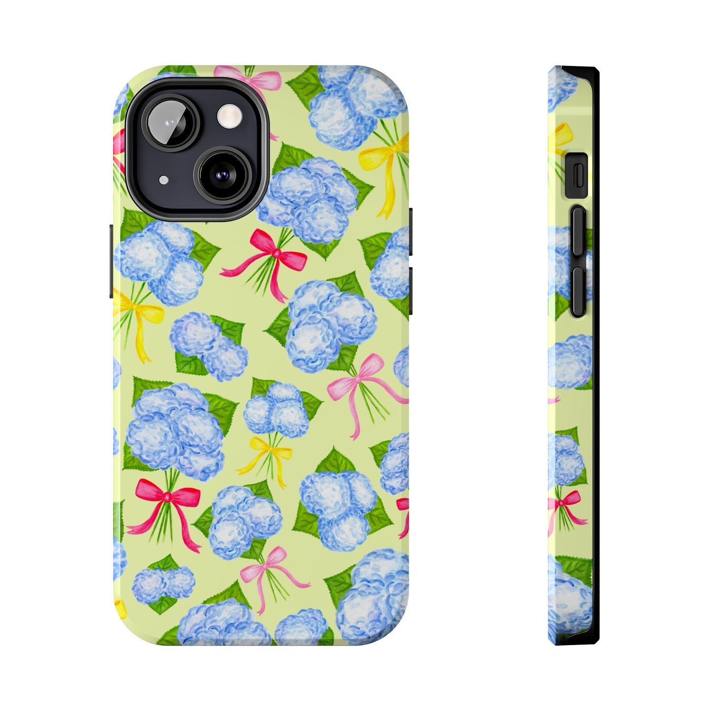 Blue Watercolor Hydrangea Bunches with Hot Pink, Yellow, Light Pink Bows Illustrated Patterned Yellow Tough Phone Case | Various Models