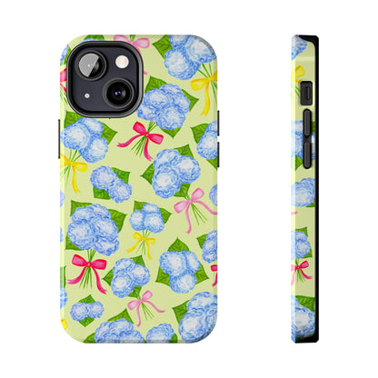 Blue Watercolor Hydrangea Bunches with Hot Pink, Yellow, Light Pink Bows Illustrated Patterned Yellow Tough Phone Case | Various Models