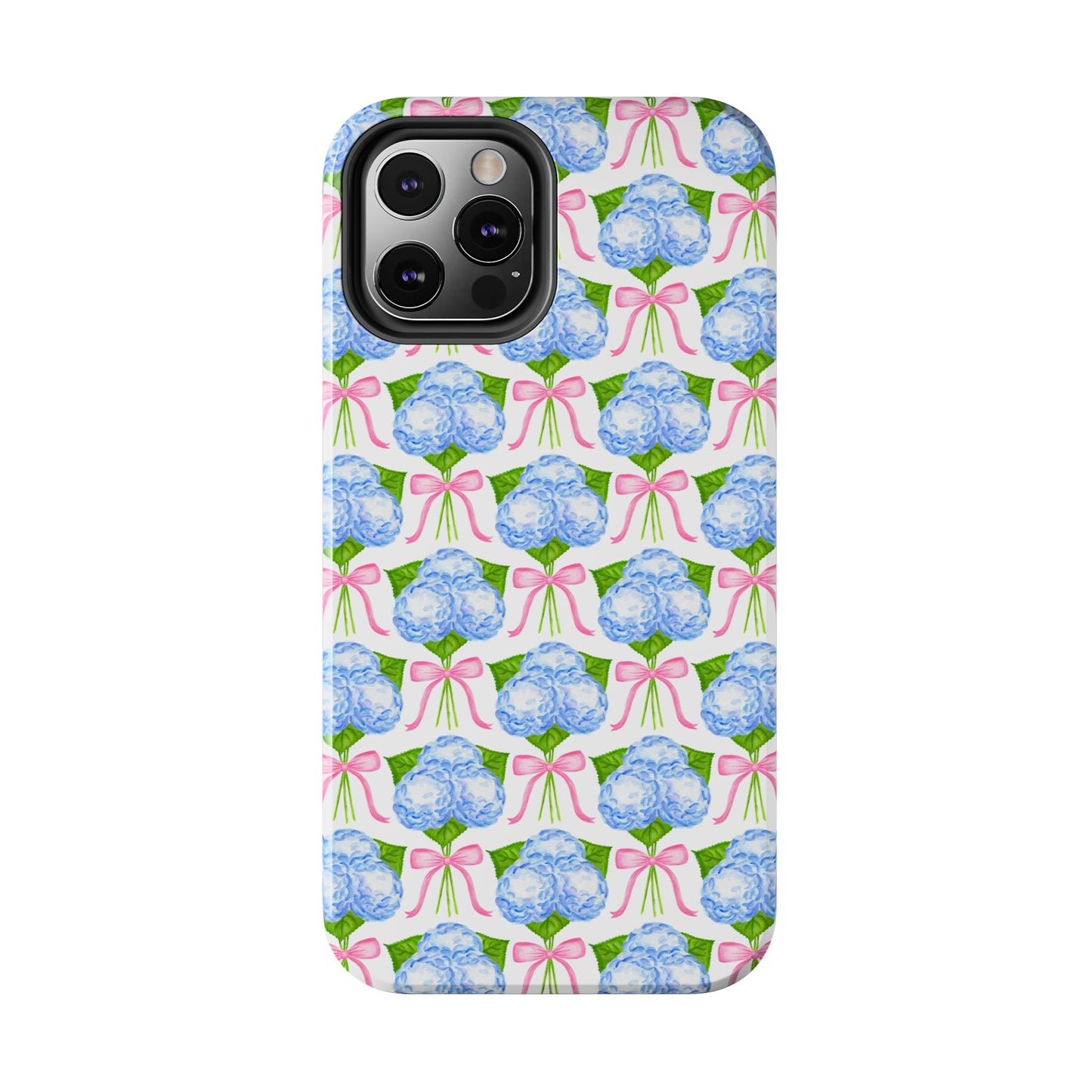 Blue Watercolor Hydrangea Bouqets with Light Pink Bows Watercolor Illustrated Patterned Tough Phone Case | Various Models