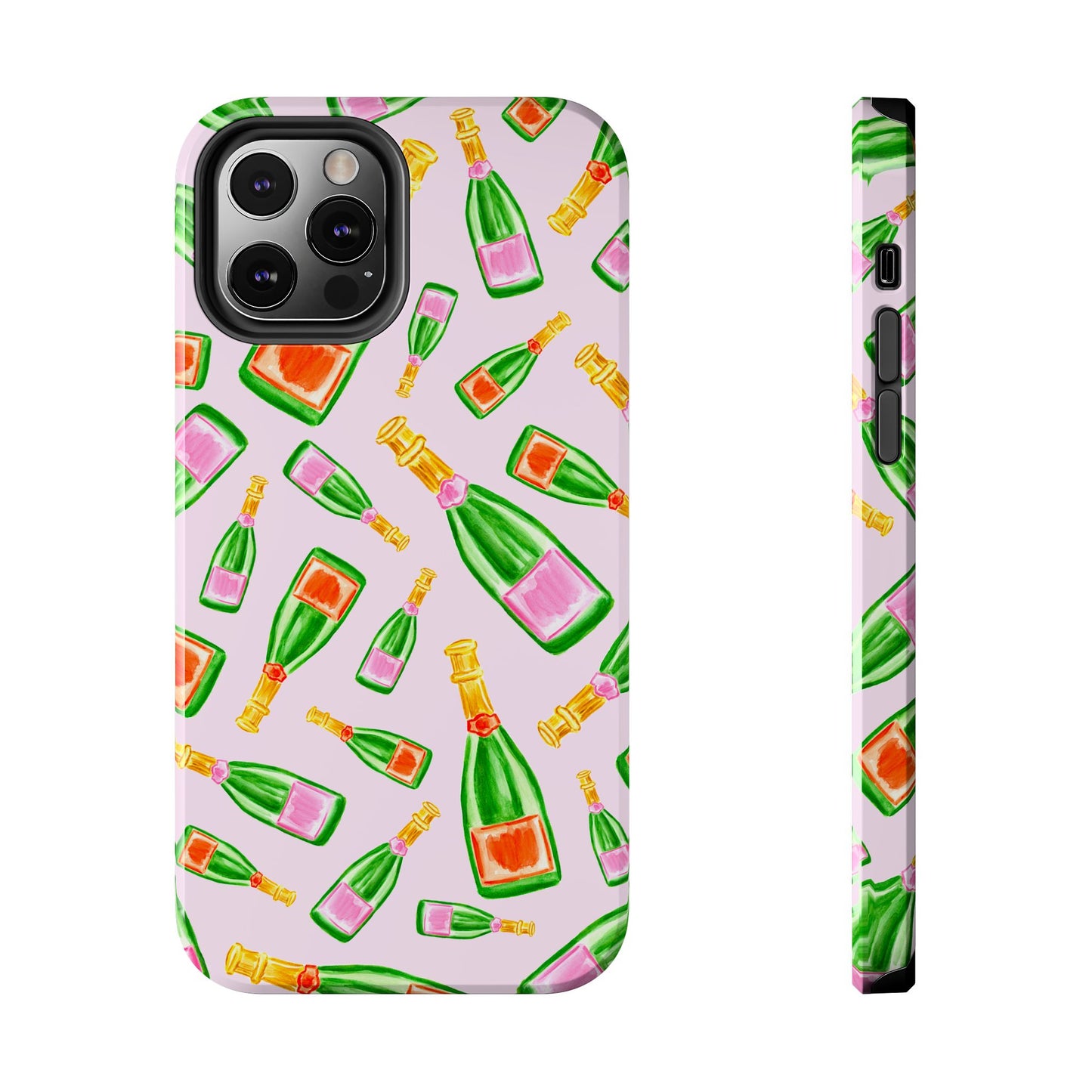 Tossed Pink and Green & Orange and Green Watercolor Illustrated Champagne Bottles Pattern Blush Pink Tough Phone Case | Various Models