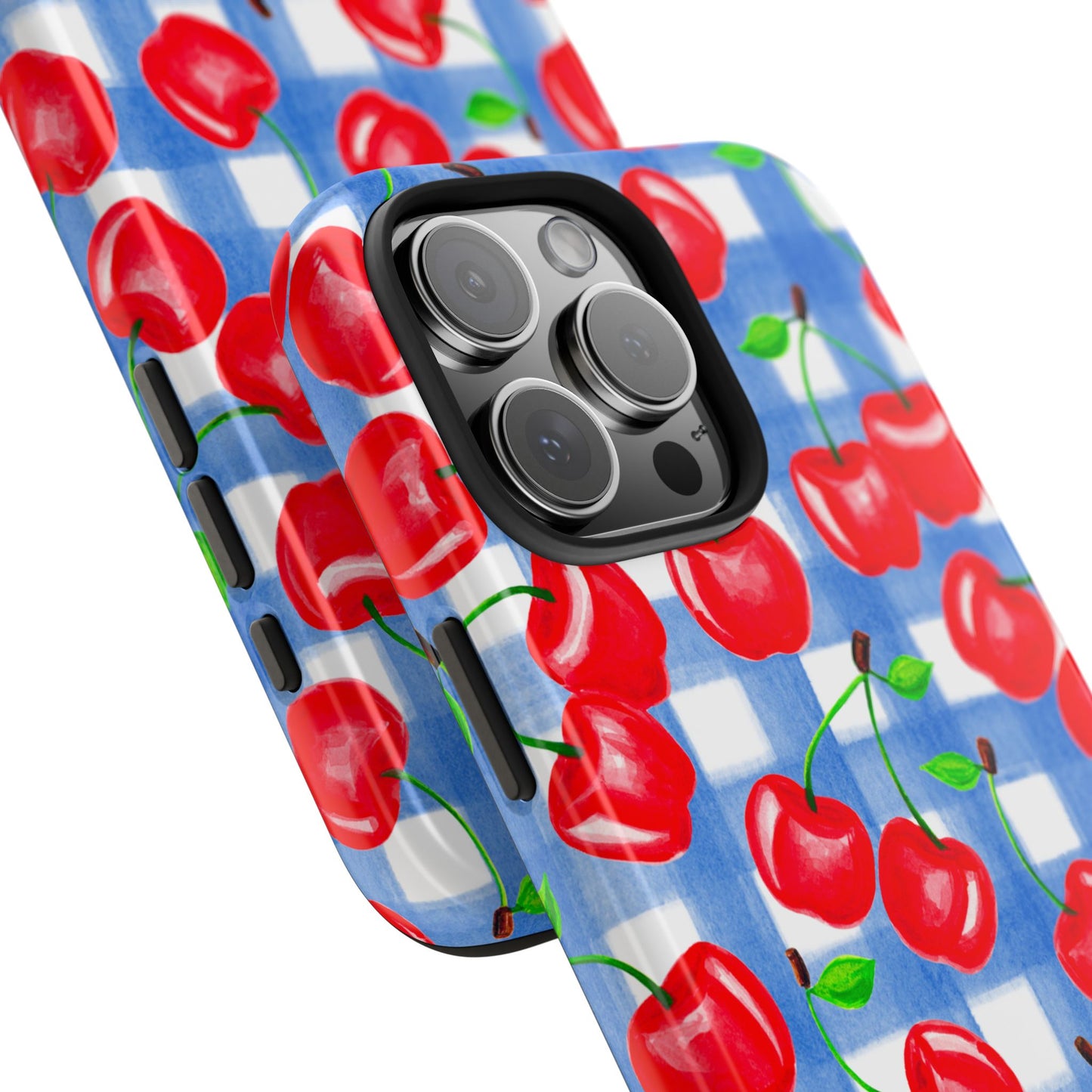 Tossed Red Cherries Blue Gingham Checkered Watercolor Illustrated Tough Phone Case | Various Models