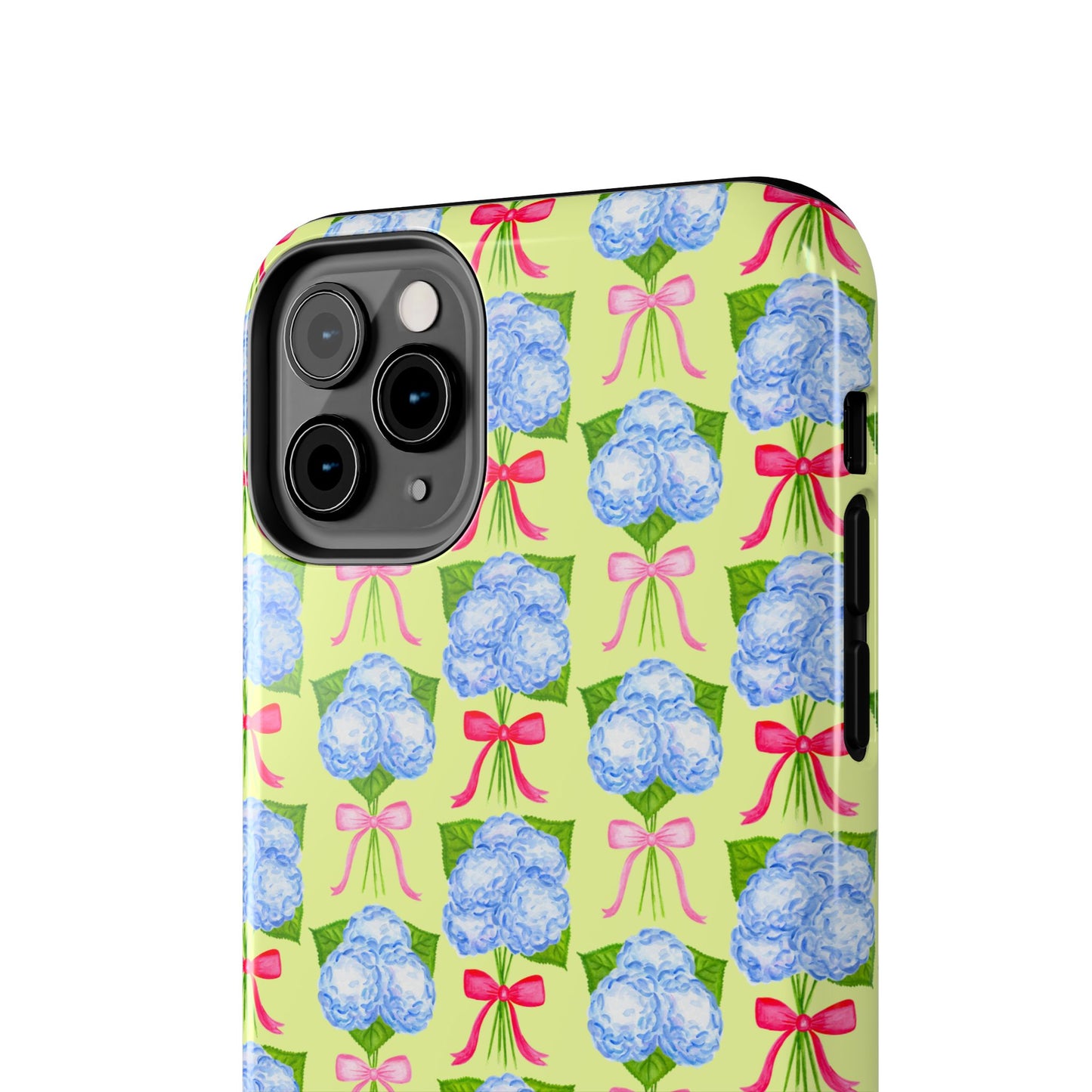 Watercolor Blue Hydrangea Bouquets with Hot Pink and Light Pink Bow Ribbons Illustrated Pattern Yellow Tough Phone Case | Various Models