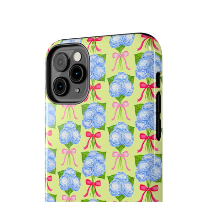 Watercolor Blue Hydrangea Bouquets with Hot Pink and Light Pink Bow Ribbons Illustrated Pattern Yellow Tough Phone Case | Various Models