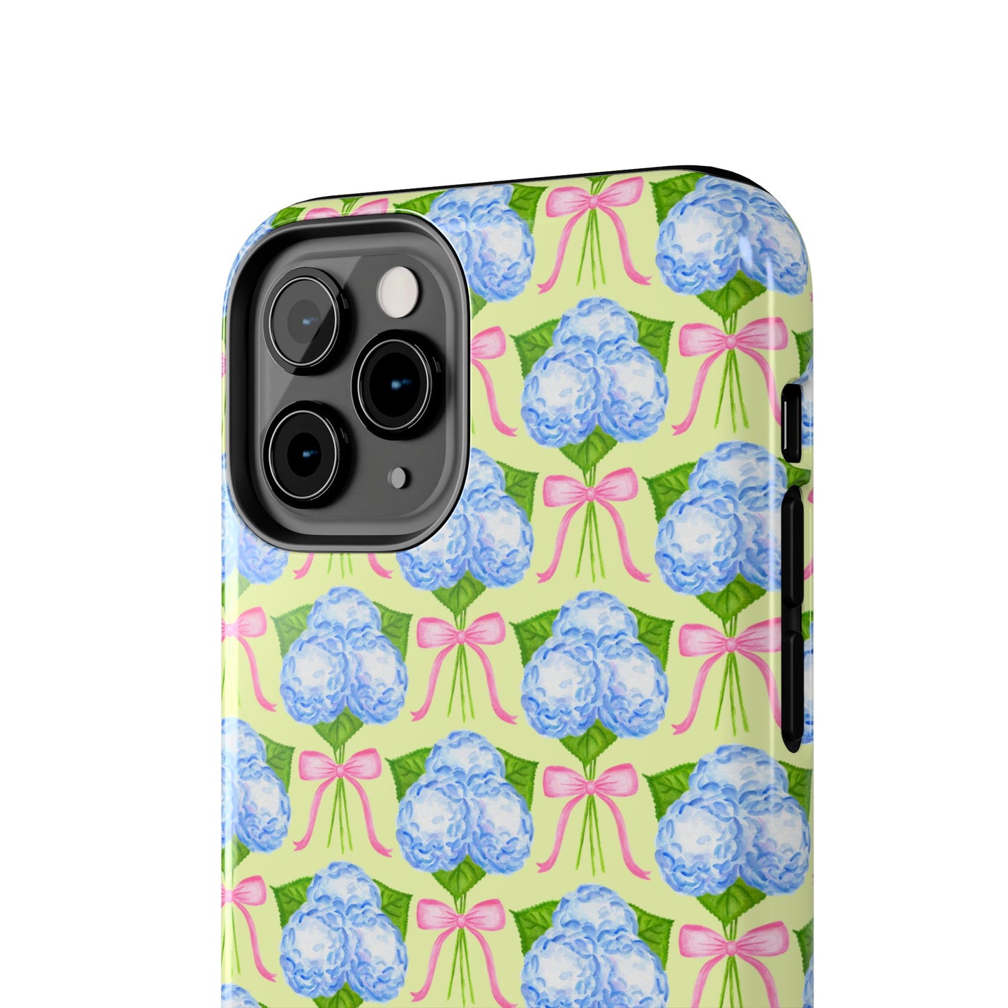 Blue Watercolor Hydrangea Bouquets with Light Pink Bows Watercolor Illustrated Patterned Yellow Tough Phone Case | Various Models