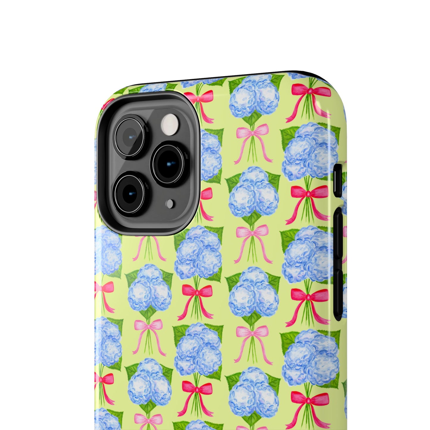 Watercolor Blue Hydrangea Bouquets with Hot Pink and Light Pink Bow Ribbons Illustrated Pattern Yellow Tough Phone Case | Various Models