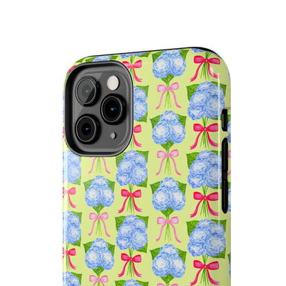 Watercolor Blue Hydrangea Bouquets with Hot Pink and Light Pink Bow Ribbons Illustrated Pattern Yellow Tough Phone Case | Various Models