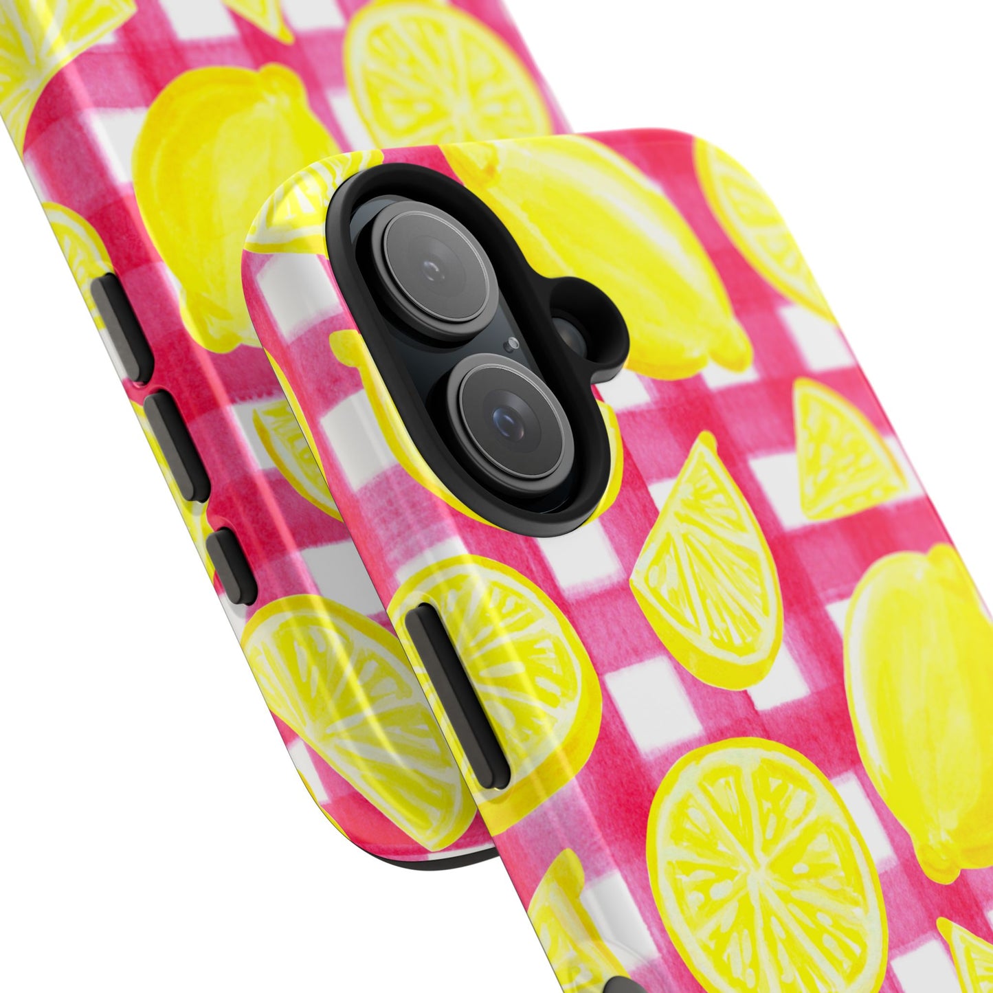 Yellow Lemons & Hot Pink Gingham Watercolor Illustrated Tough Phone Case | Various Models Available