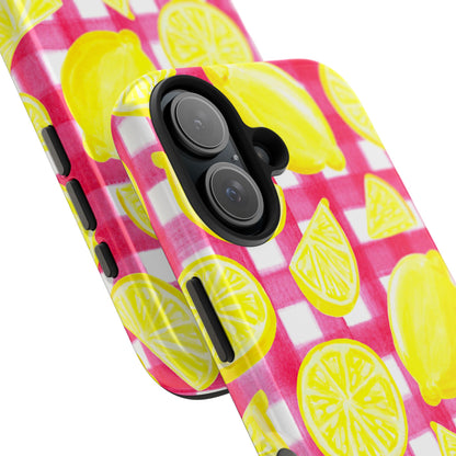 Yellow Lemons & Hot Pink Gingham Watercolor Illustrated Tough Phone Case | Various Models Available