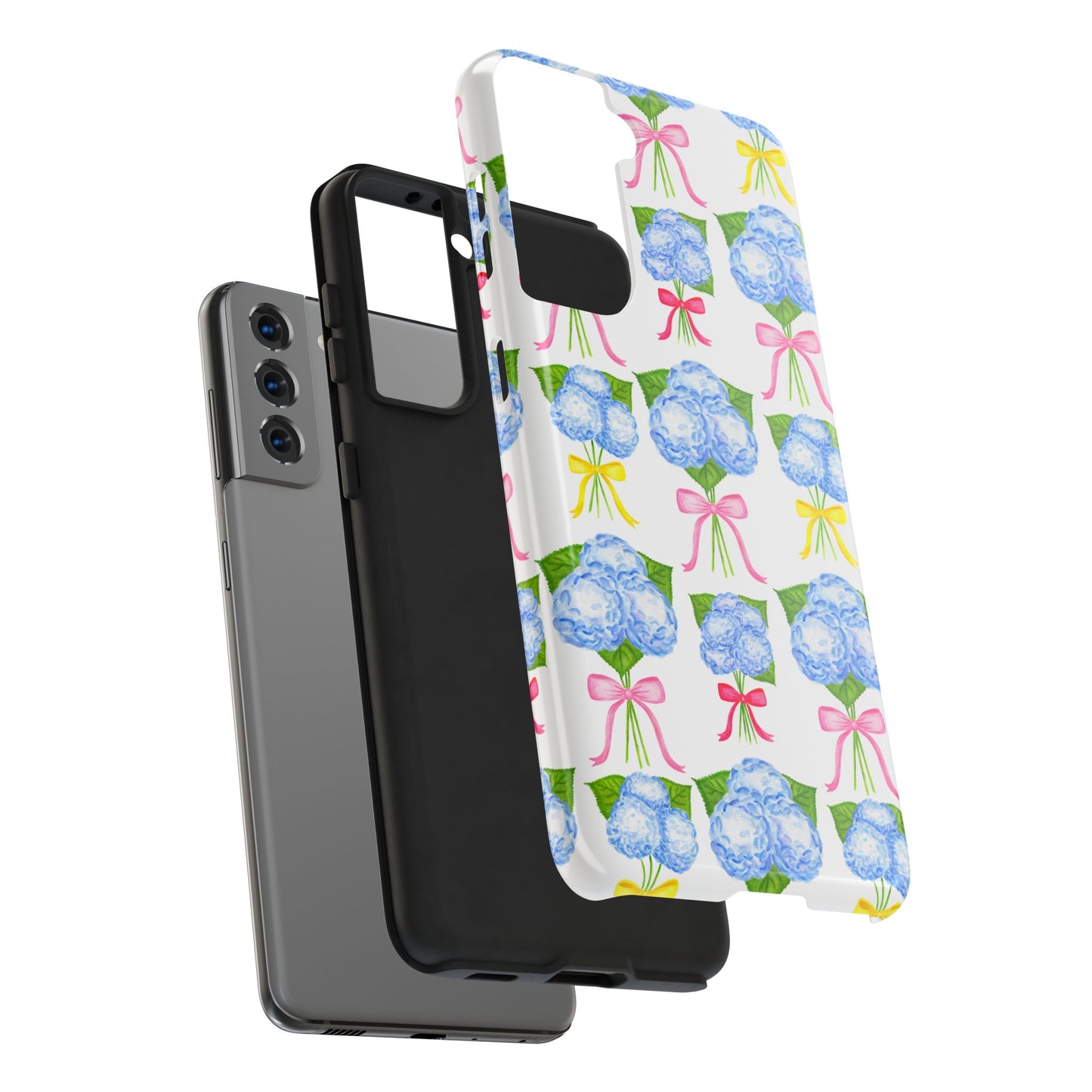 Blue Hydrangeas with Hot Pink, Yellow, Light Pink Bows Watercolor Illustrated Patterned Tough Phone Case | Various Models