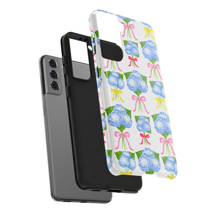 Blue Hydrangeas with Hot Pink, Yellow, Light Pink Bows Watercolor Illustrated Patterned Tough Phone Case | Various Models