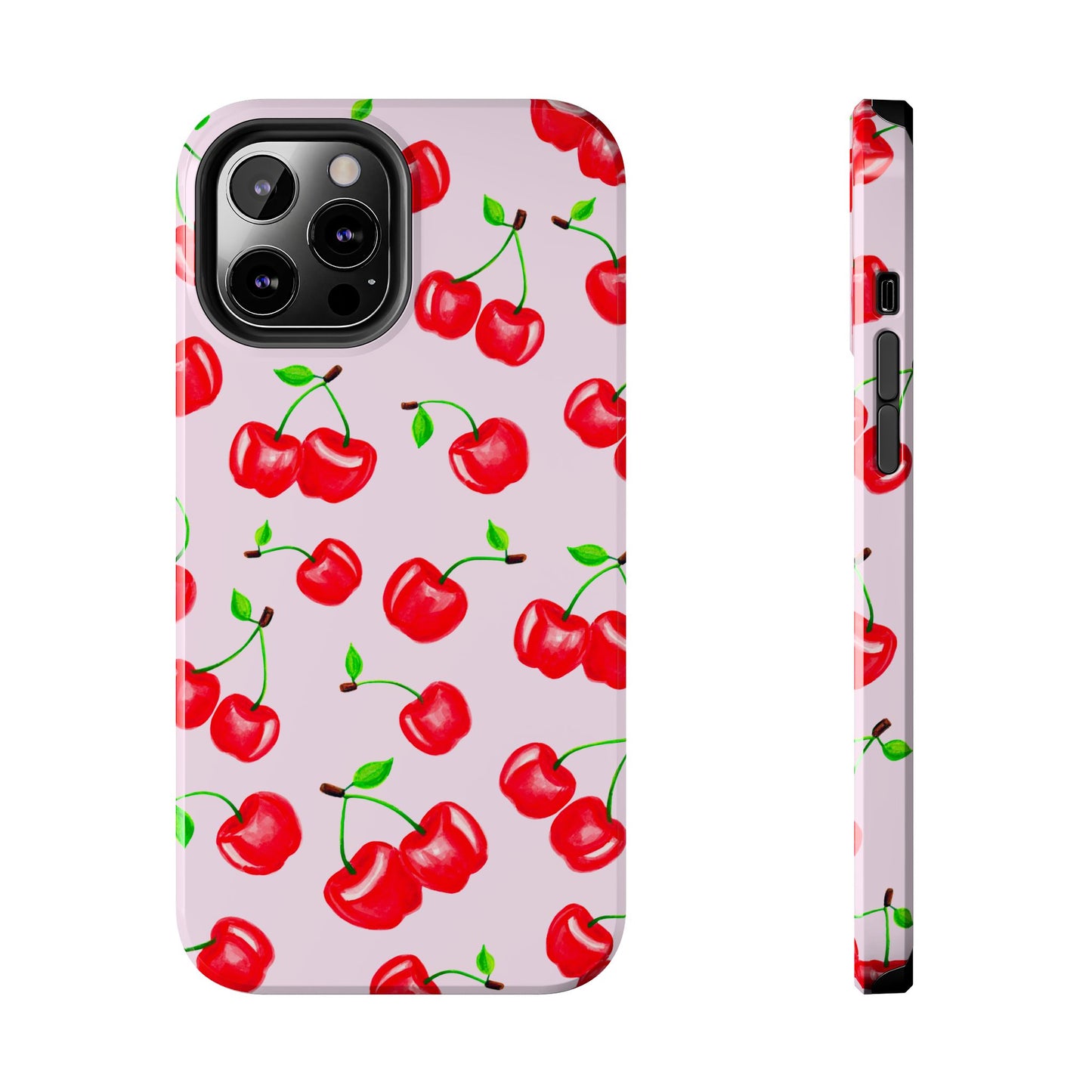 Tossed Red Watercolor Cherries Illustrated Pattern Light Pink Tough Phone Case | Various Models