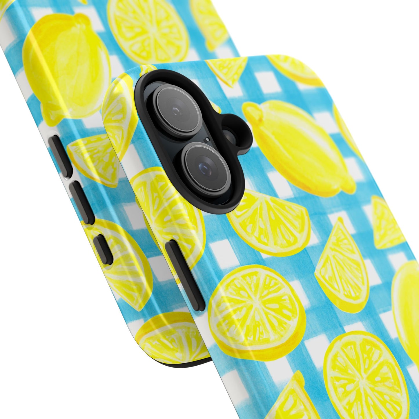 Bright Yellow Lemons Watercolor Illustrated Tossed Pattern Turquoise Gingham Tough Phone Case | Various Models