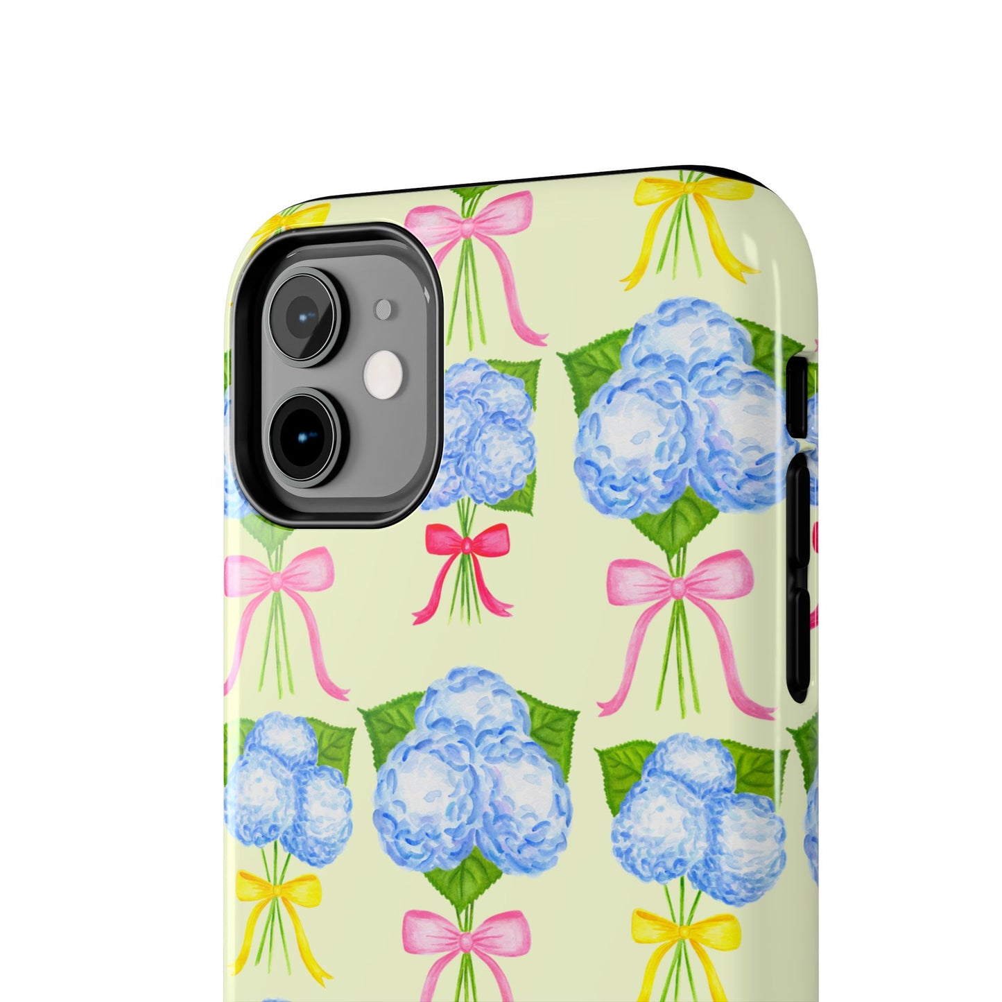 Blue Hydrangeas with Hot Pink, Yellow, Light Pink Bows Watercolor Illustrated Patterned Light Yellow Tough Phone Case | Various Models