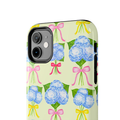 Blue Hydrangeas with Hot Pink, Yellow, Light Pink Bows Watercolor Illustrated Patterned Light Yellow Tough Phone Case | Various Models