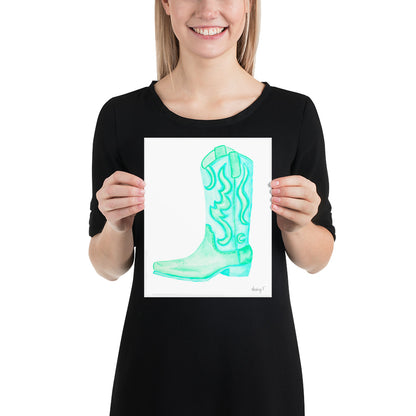 Print | Watercolor Mint Turquoise Cowboy Boot 8″×10″