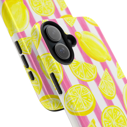 Pink Lemonade Yellow Lemons with Pink & White Watercolor Stripes Tough Phone Case