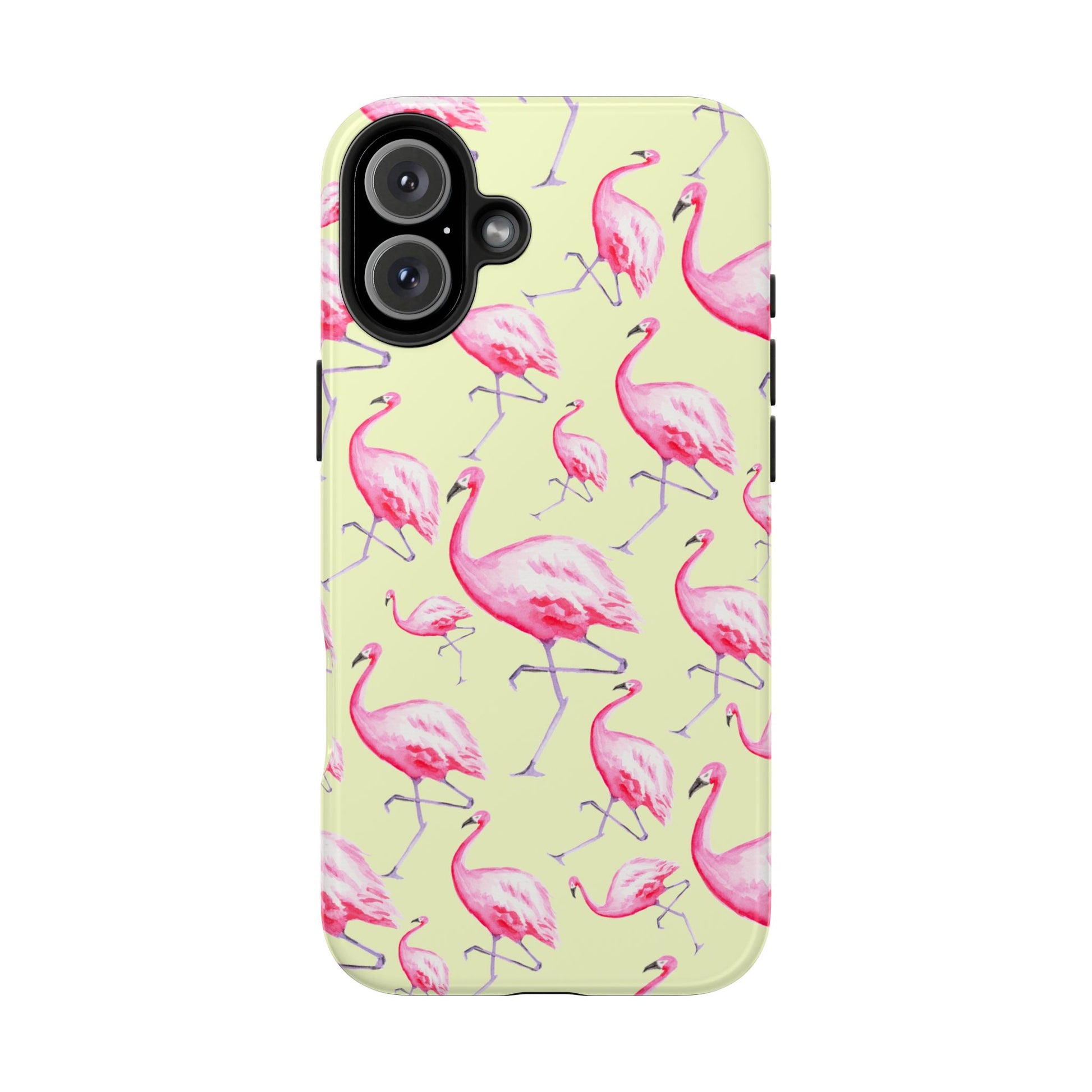 Pink Flamingos Watercolor Illustrated Tossed Pattern Yellow Phone Case | Various Models iPhone 16 Plus