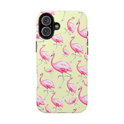 Pink Flamingos Watercolor Illustrated Tossed Pattern Yellow Phone Case | Various Models iPhone 16 Plus