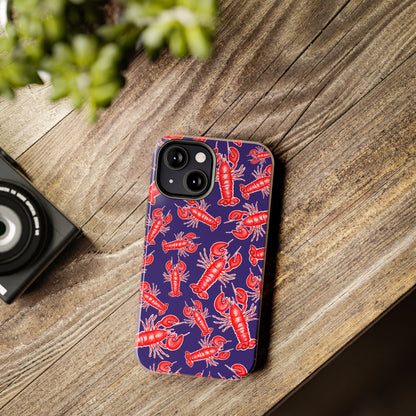 Red Lobster Watercolor Illustrated Tossed Pattern Navy Coastal Nautical Tough Phone Case | Various Models