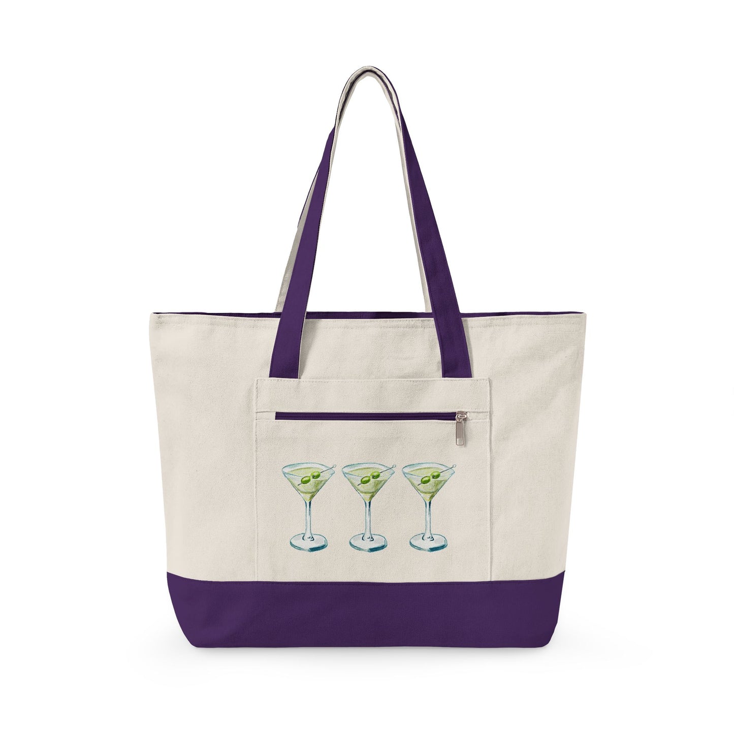 Blue & Green Martini Watercolor Trio Printed Zippered Canvas Tote 18" x 14" | Various Colors 18" x 14" x 4.5" Natural Purple