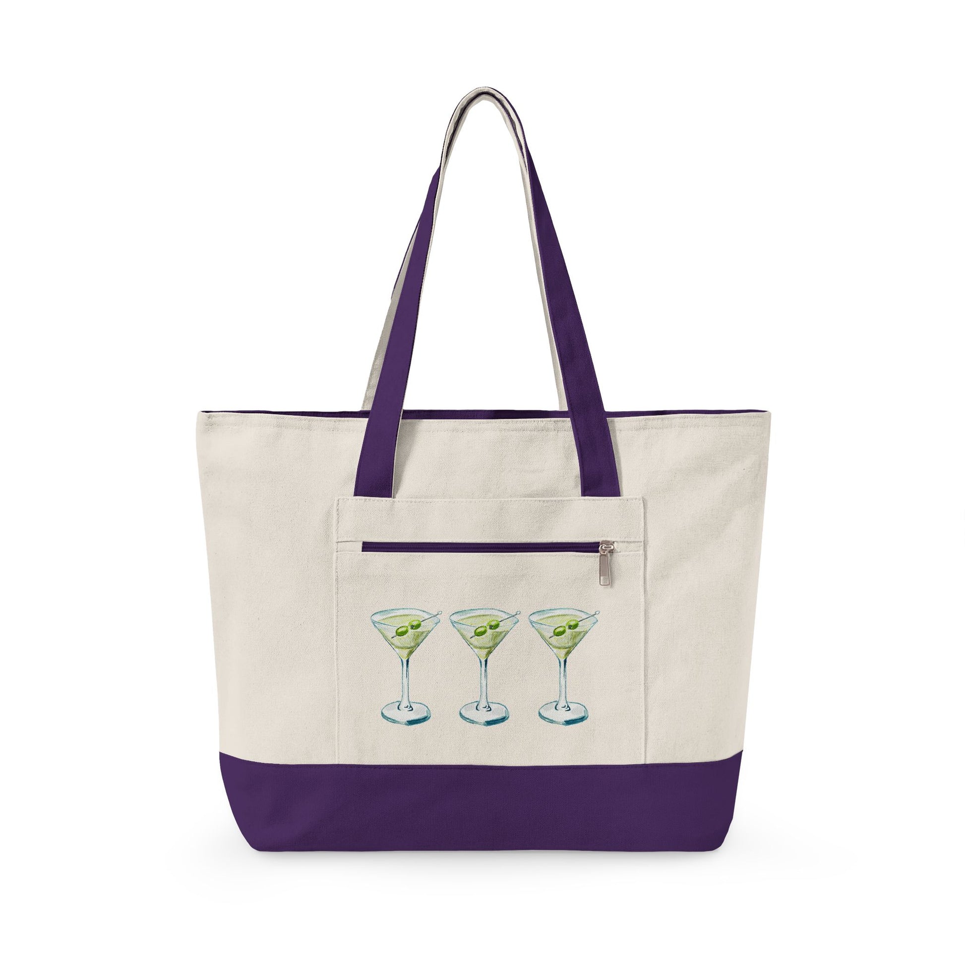 Blue & Green Martini Watercolor Trio Printed Zippered Canvas Tote 18" x 14" | Various Colors 18" x 14" x 4.5" Natural Purple