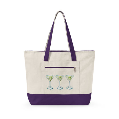 Blue & Green Martini Watercolor Trio Printed Zippered Canvas Tote 18" x 14" | Various Colors 18" x 14" x 4.5" Natural Purple
