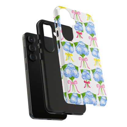 Blue Hydrangeas with Hot Pink, Yellow, Light Pink Bows Watercolor Illustrated Patterned Tough Phone Case | Various Models